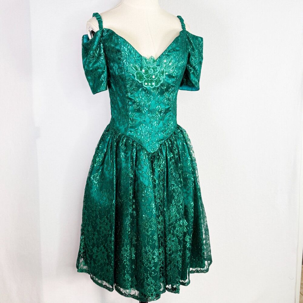 Gunne Sax | Metallic Shiny Forest Green Lace Fairy Dream Winter Dress | Sz 6 - Picture 12 of 14